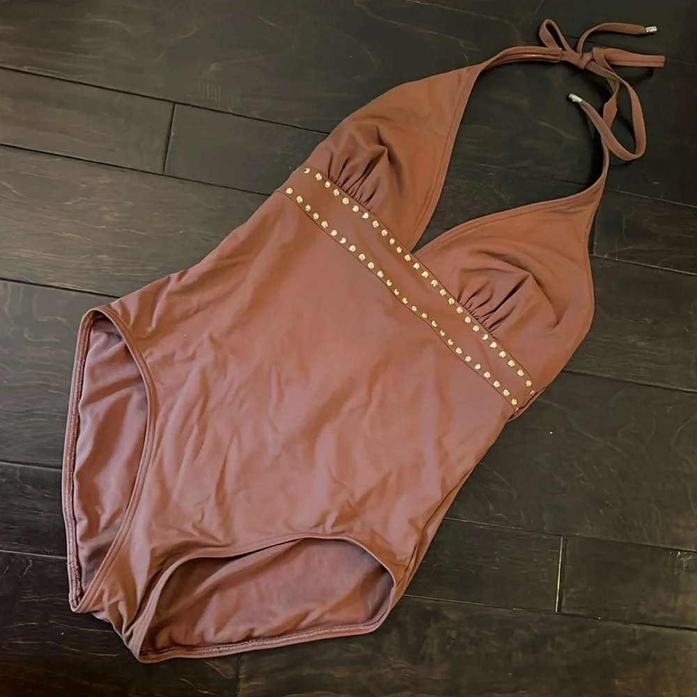 Michael Kors brown gold studded swimsuit 12